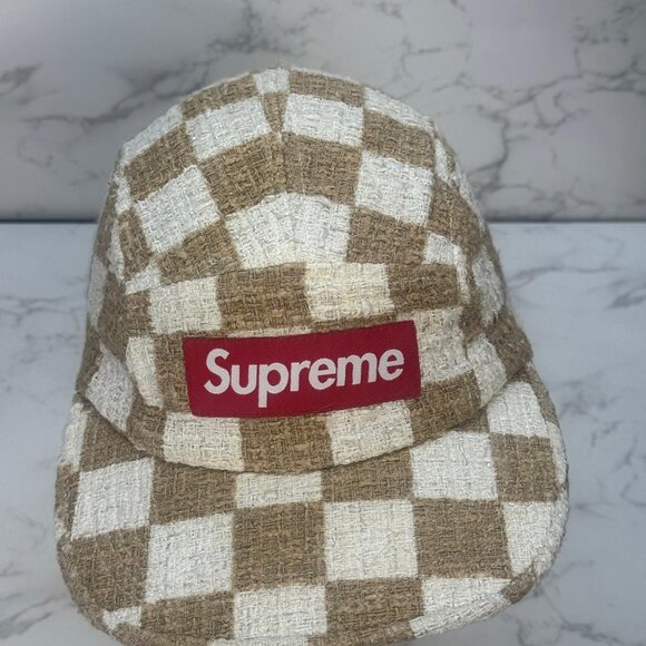 SUPREME Checkerboard Boucle Camp Cap TAN Hat Adjustable S/S 2019 Made In USA - Picture 2 of 7